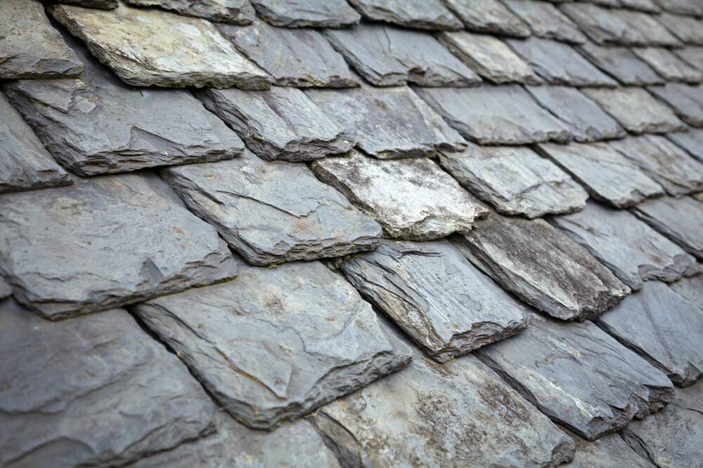 A close up of slate tiles on a roof.