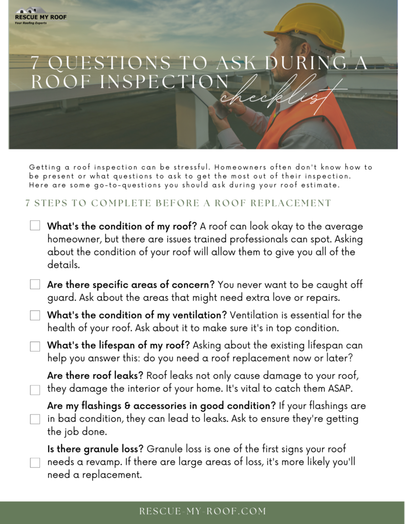 Rescue My Roofs "7 Questions to Ask During A Roof Inspection" checklist. 