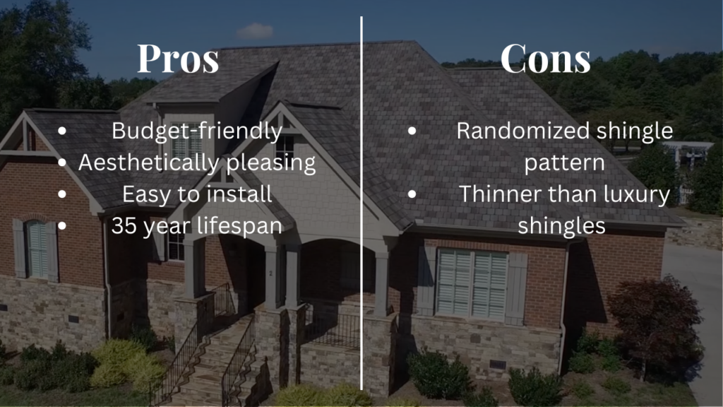 An infographic on the pros and cons of dimensional asphalt shingles. 