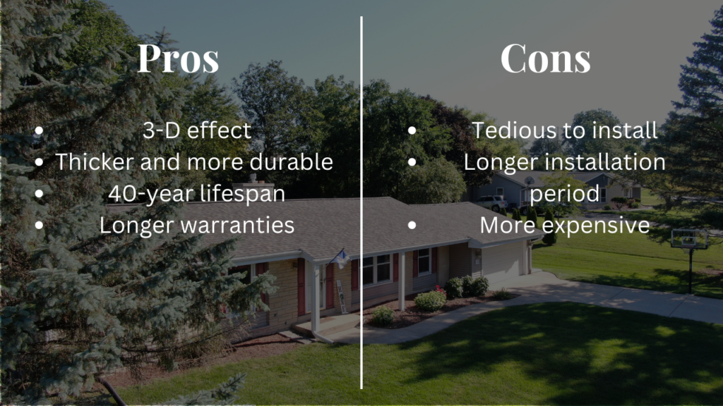 An infographic about the pros and cons of luxury asphalt shingles. 