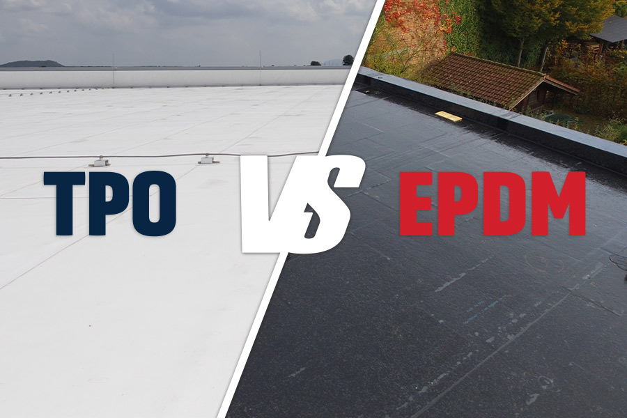 A TPO white membrane flat roof (left) compared to an EPDM black membrane flat roof (right). 