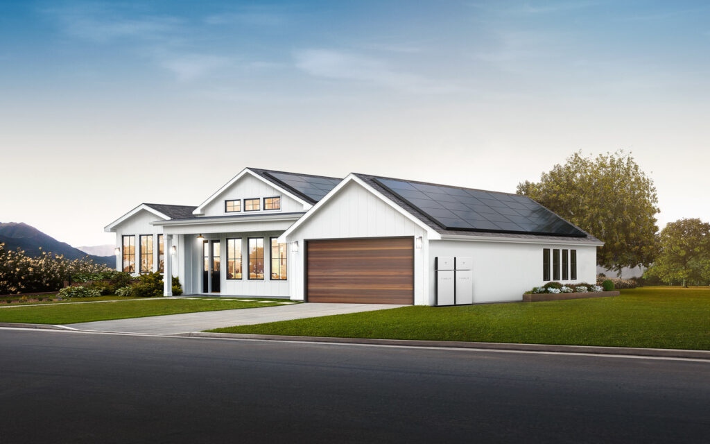 A digital rendering of a Tesla solar roof on a white suburban home. 