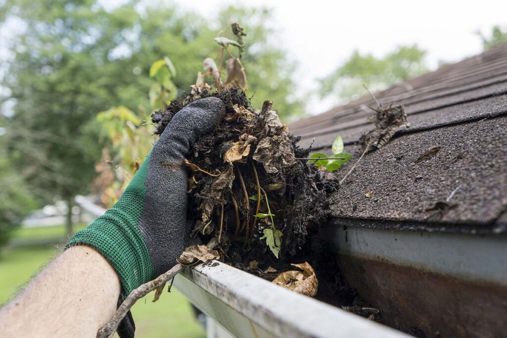 A homeowner's gloved hand cleaning leaves and debris out of a gutter. 