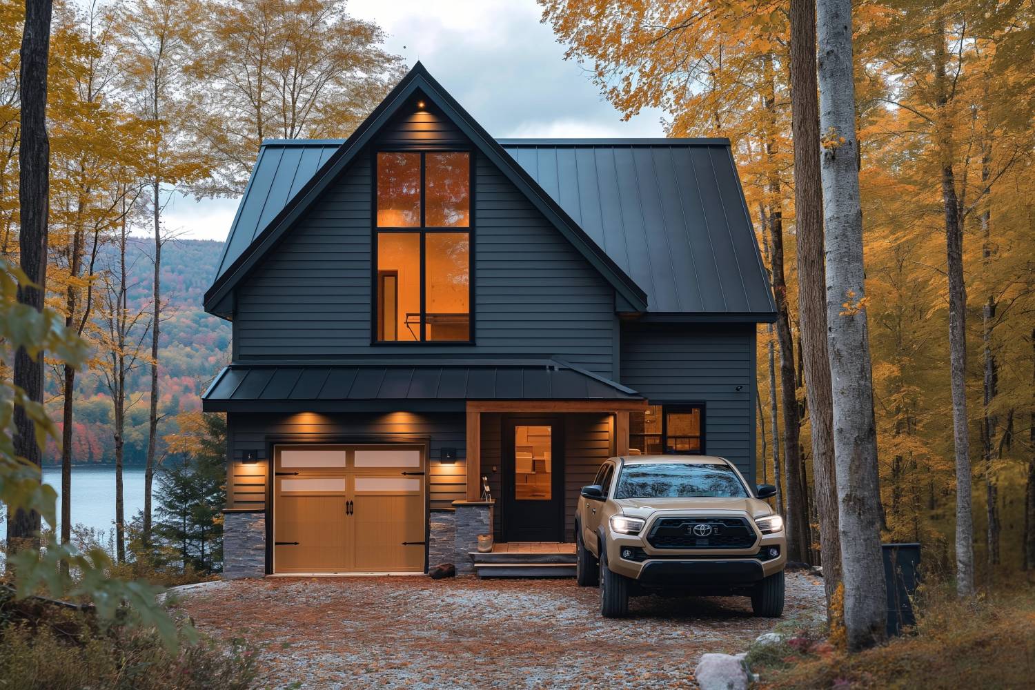 Modern home in the woods with black aluminum siding.