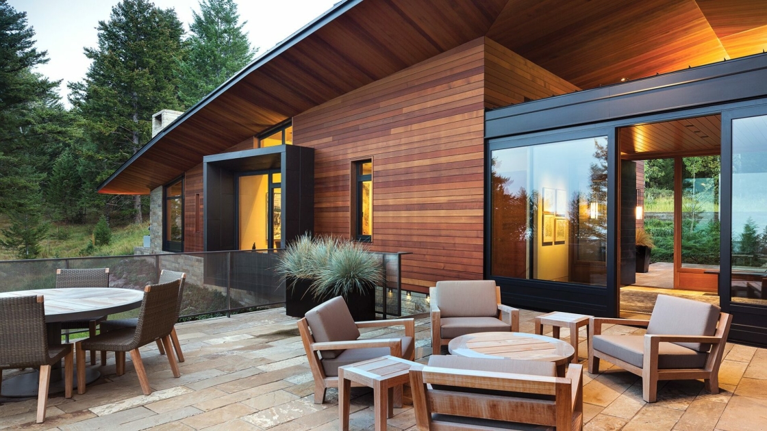 Modern home with wooden siding.