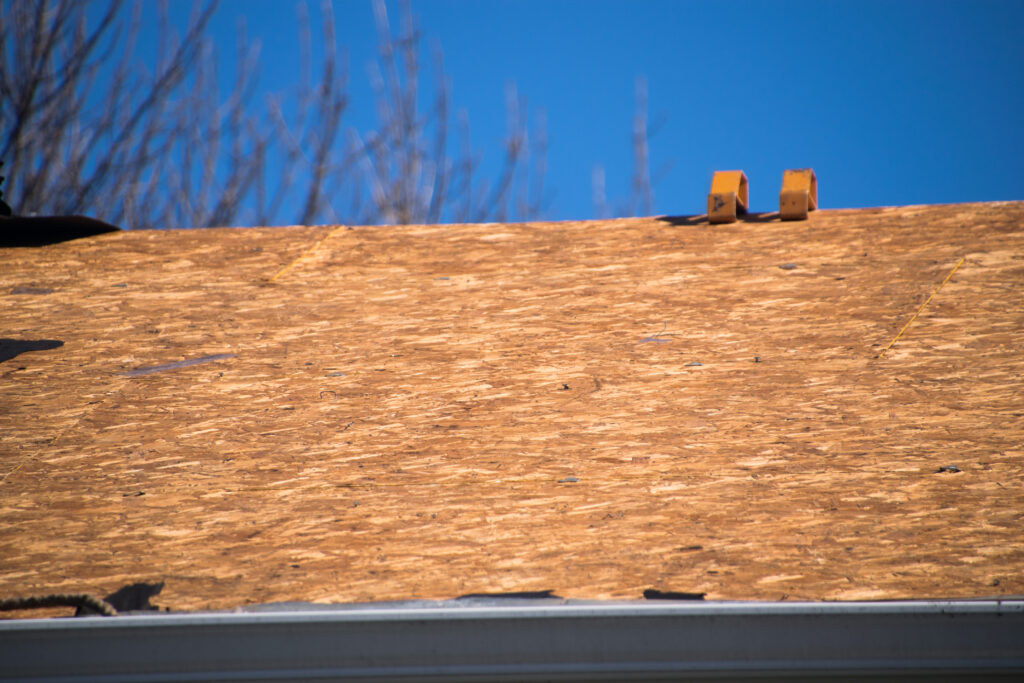 Close-up of roof decking on a freshly torn-off roof.